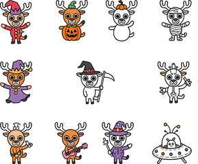 Cute cartoon reindeer characters in various costumes and poses illustration