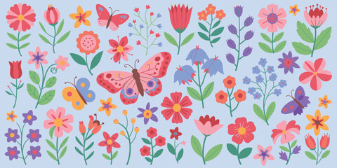 Pink red purple orange flowers and butterflies on light blue background butterfly
