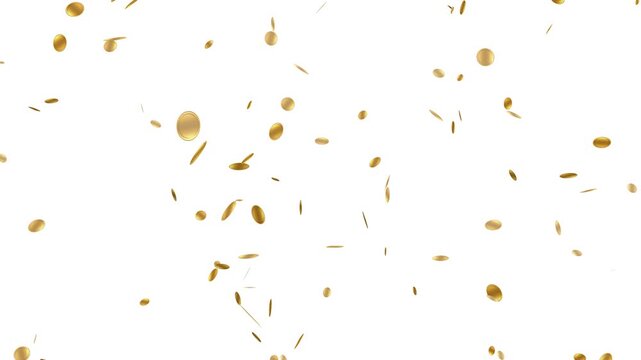 US Gold coins exploding Isolated on white screen. realistic gold coins falling in slow motion, 4k loopable overlay alpha channel.