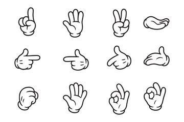 Cartoon hand gestures, white gloves illustration, expressive finger signs, classic animation style, pointing, thumbs up, peace sign, symbolic hands, playful design, vector icons
