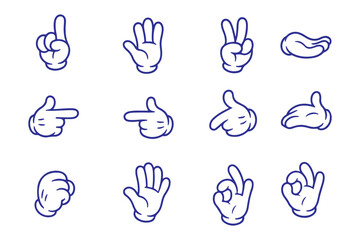 Cartoon hand gestures, white gloves illustration, expressive finger signs, classic animation style, pointing, thumbs up, peace sign, symbolic hands, playful design, vector icons