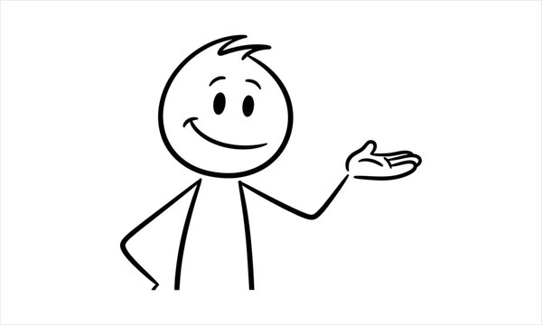Charming doodle stick figure offering a concept with an open palm gesture and a happy smile