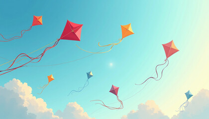 Makar Sankranti Festival with Colorful Flying Kites Flat Vector Illustration