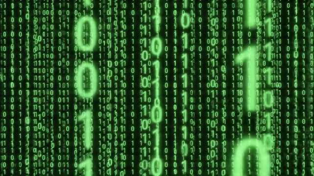 Glowing green binary code streams down a dark background