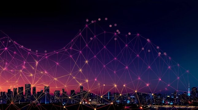 grid. Abstract city skyline with glowing connection lines, set against a gradient-lit atmospheric backdrop. real-estate listings.