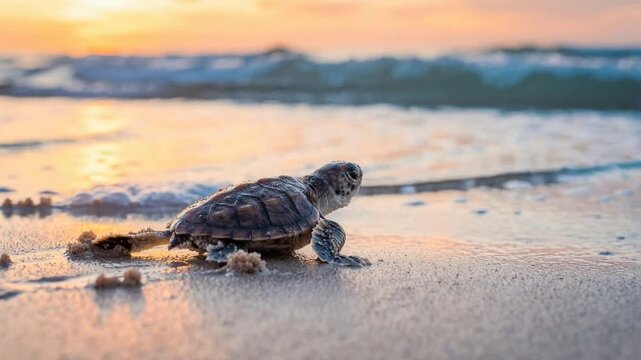 Tiny baby sea turtle walking across sandy beach towards the ocean water at sunrise, tracking camera