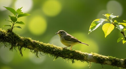 Small Bird Perched on Mossy Branch in Sunlight.