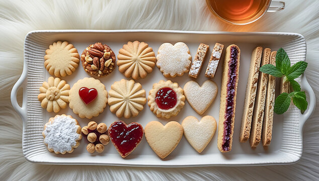 Assorted Homemade Cookies and Traditional Pastries Served with Tea on White Background for Tea Time and Festive Celebration