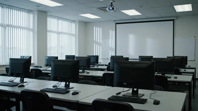 Empty computer classroom interior.