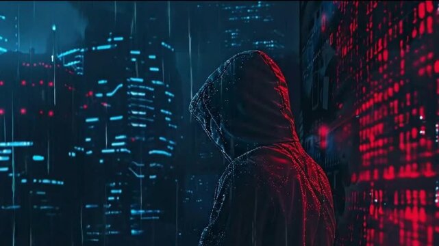 Hooded Figure in Cyberpunk City with Glowing Data Streams &ndash; Digital Anonymity, Cybercrime & Futuristic Surveillance Concept
