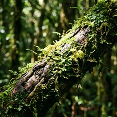 Fototapeta premium Vibrant Green Moss and Ferns on an Old Tree Branch in a Lush Tropical Forest 4K