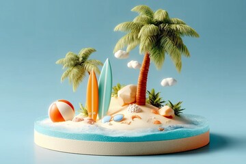 Obraz premium Miniature Tropical Paradise with Surfboards, Palm Trees, and Ocean Waves