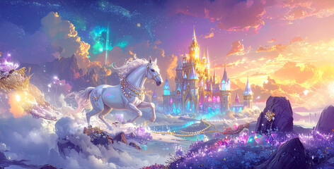 Obraz premium Along the riverbank countless sparkling jewels lie scattered, a white horse gallops with diamond reins, a palace made of precious gems and gold glows dazzling light Generative AI Fantastic landscape.