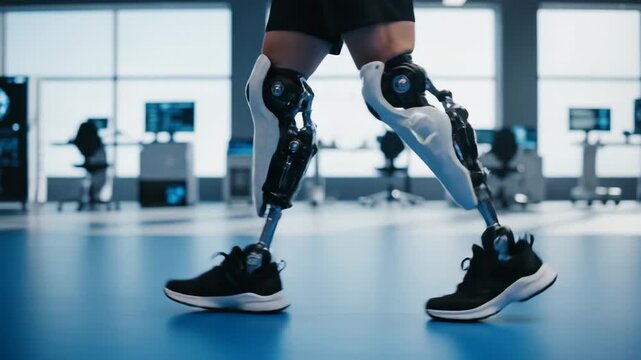 Individual with advanced prosthetic legs walks confidently across a modern facility with blue flooring and high-tech equipment in the background, showcasing mobility and innovation