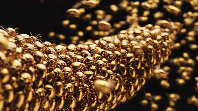 Abstract illustration of many golden beetles on black background