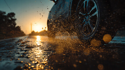 Car wheel splashing through water puddle on road during golden hour sunset