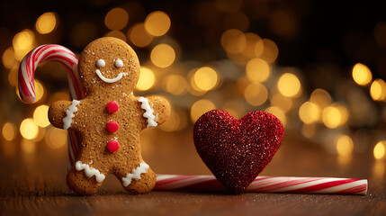 Gingerbread man cookie with candy cane and red glitter heart on festive bokeh background