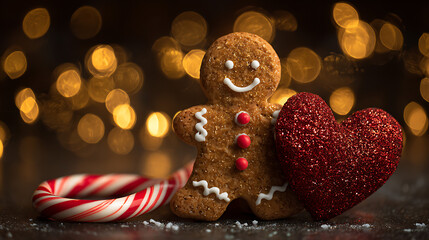 Gingerbread man cookie with candy cane and red glitter heart on festive bokeh background
