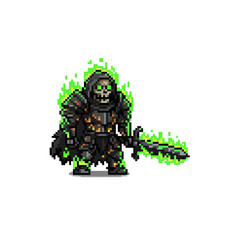 pixel art flaming zombie knight engulfed in cursed green fire, burned armor, molten undead warrior