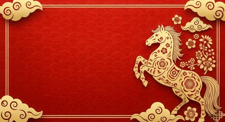 The horse is adorned with intricate golden patterns. luxury red and gold chinese horse new year background, 2026 new year with copy space for text, a dynamic pose against a vibrant red background