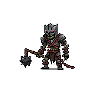 pixel art chained zombie knight dragging cursed chains, spiked flail, broken armor, brutal undead executioner