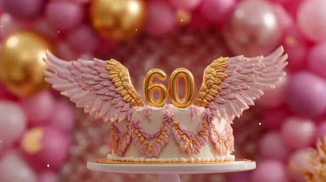 Video, 60th birthday celebration with a pink cake with wings, pink background with balloons. 
