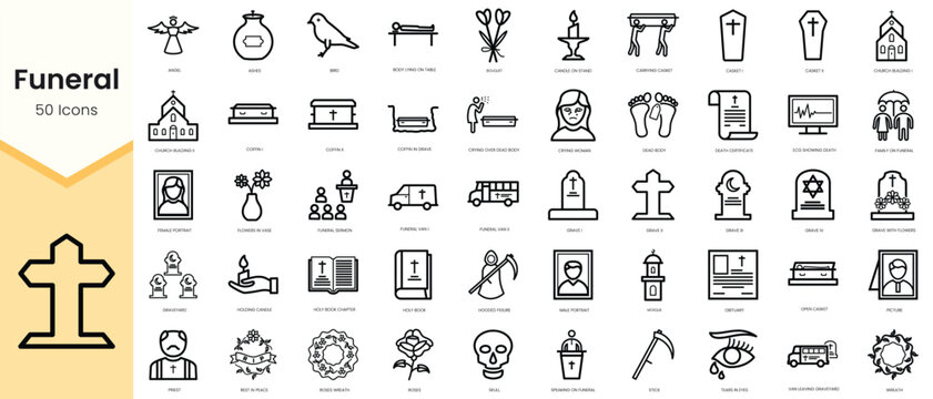 Set of funeral icons. Simple line art style icons pack. Vector illustration