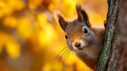 Squirrel peeking from behind tree trunk with yellow autumn bokeh background