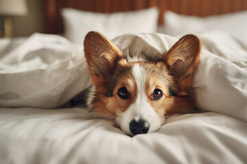 Cute Corgi dog lying in white bed sheets looking at camera