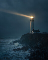 Classic white lighthouse on rocky cliff with bright beam of light during stormy night at sea