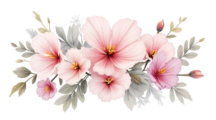 Fototapeta premium Soft Pink Hibiscus Flowers with Gray Green Leaves Arrangement