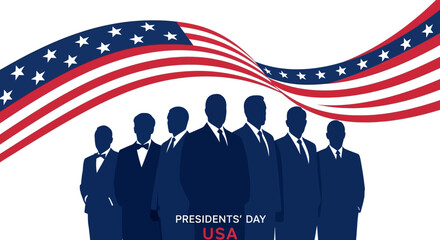 Vector illustration of a group of American presidents in suits with a waving USA flag on Presidents' Day in America.