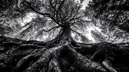 Dramatic low angle black and white shot of an ancient tree with massive gnarled roots