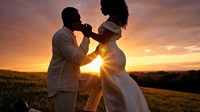 Couple Engagement Proposal at Sunset in Field.