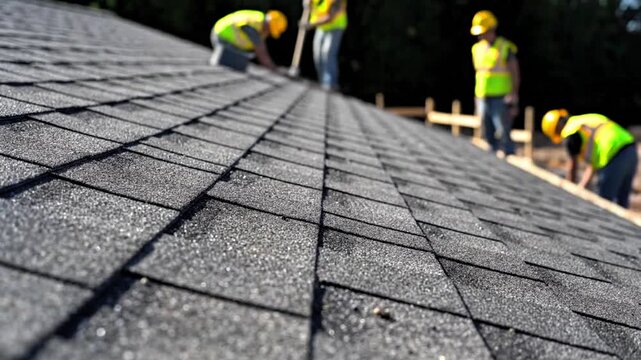 Video, buildings and architecture, asphalt shingle roofs with blurred workers in the background, for background, advertising, video assets, 
