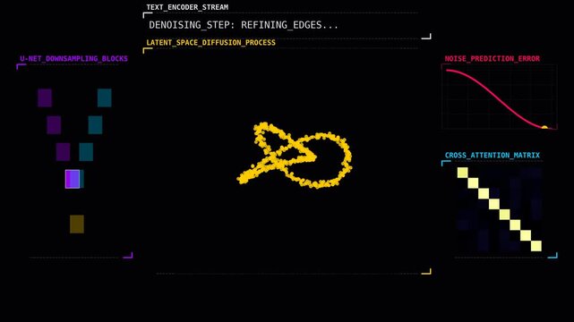 Artificial Intelligence Diffusion Model Visualization with Neural Network Architecture, Latent Space, Cross Attention Matrix and Noise Prediction Process in Futuristic UI