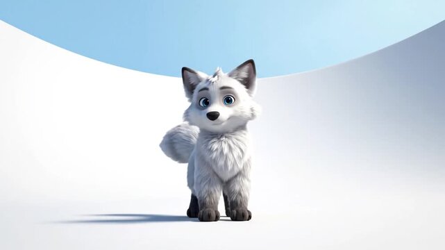 Animated arctic fox jumping joyfully against white and blue background
