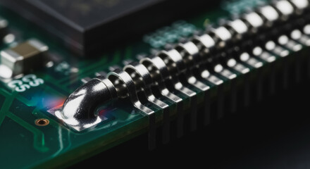 Extreme Macro Close-up of RAM or Expansion Card Connector Pins on Green Printed Circuit Board (PCB) - Detailed Electronic Hardware, Data Transfer, and Modern Digital Technology.