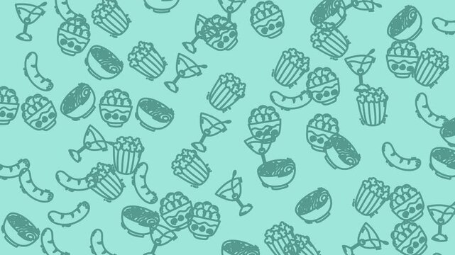 Repeating pattern of food and drink icons ideal for restaurant menus, food blogs, cafe branding, food packaging, and kitchen decor.