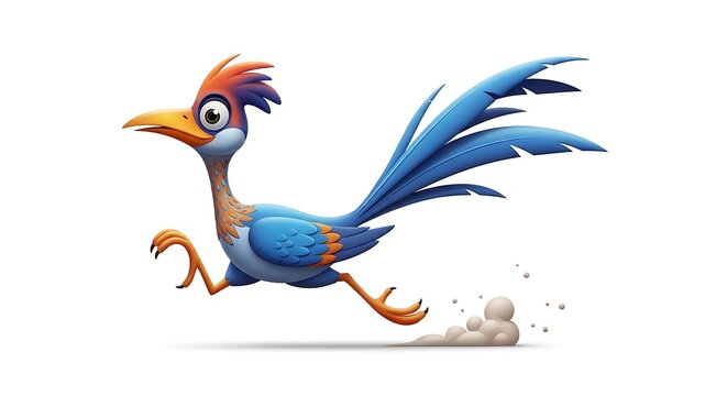 Cartoon blue roadrunner bird with an orange beak and crest, running fast and kicking up dust on a white background.