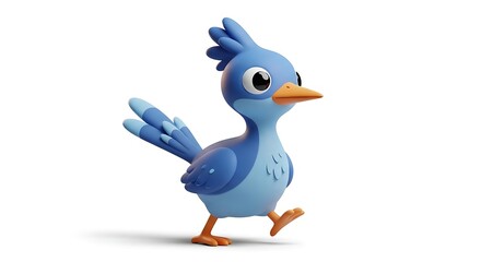A cute blue cartoon bird with an orange beak and feet, walking on a white background, rendered in a 3D style.