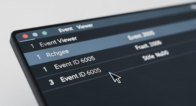 Event Viewer Software Interface Close-up Showing System Logs and Error Codes (Event ID 6005) on a Dark Mode Screen with Mouse Pointer for IT Troubleshooting and Data Analysis
