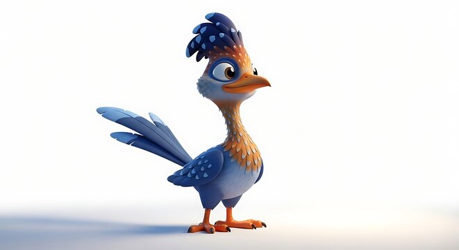 Cute cartoon roadrunner character with blue and brown feathers and a distinctive crest standing on a white background, looking curious.