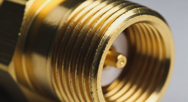 Macro close-up of brass coaxial RF connector threads and gold-plated central pin, detailed view of precision engineering, communication technology hardware background