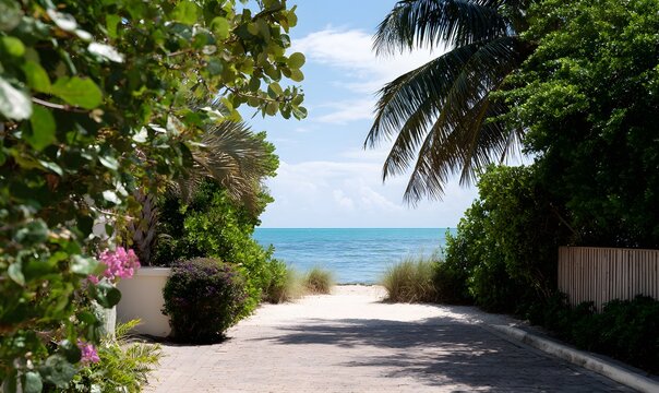 a backyard in miami looking out into the ocean, beach driveway, palm trees