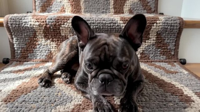 cute frenchie. A French Bulldog rests comfortably on a patterned rug, lying down on a staircase, with its ears perked up, showcasing an expressive face and alert demeanor