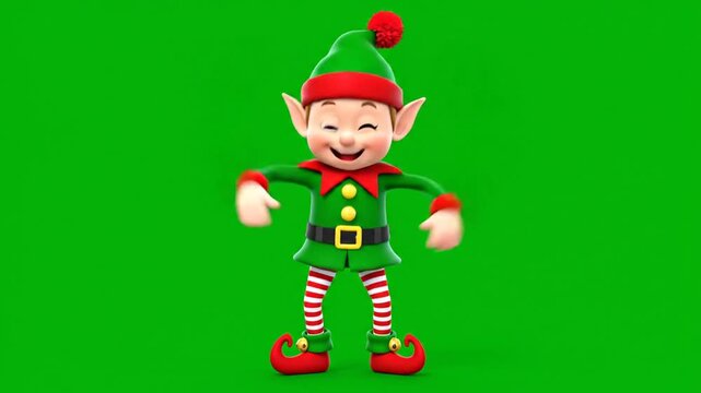 Animated cartoon elf character dancing against a vibrant green background