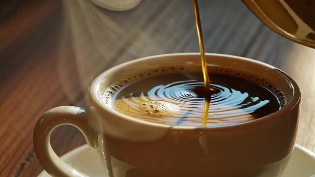 A glistening, rich stream of dark, freshly brewed coffee cascades directly into a pristine white ceramic cup, resting gracefully on its matching saucer, filling it with the invigorating liquid