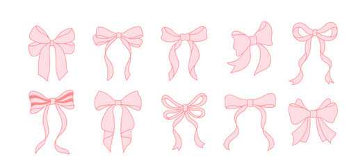 Pink Hand Drawn Ribbon Bow Collection, Cute Classic Coquette Style Bow Illustration Set