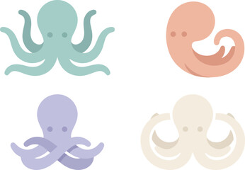Vibrant collection of four distinct, cute octopus cartoon vector illustrations, rendered in soft pastel colors for a delightful marine life theme